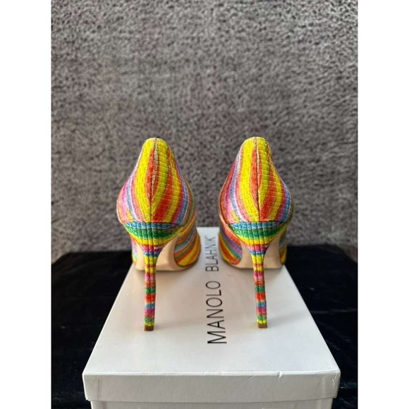 Manolo‎ Blahnik Bb Fabric 105mm Slip On Pumps Striped Rainbow Womens Size 38 EU - Picture 3 of 9